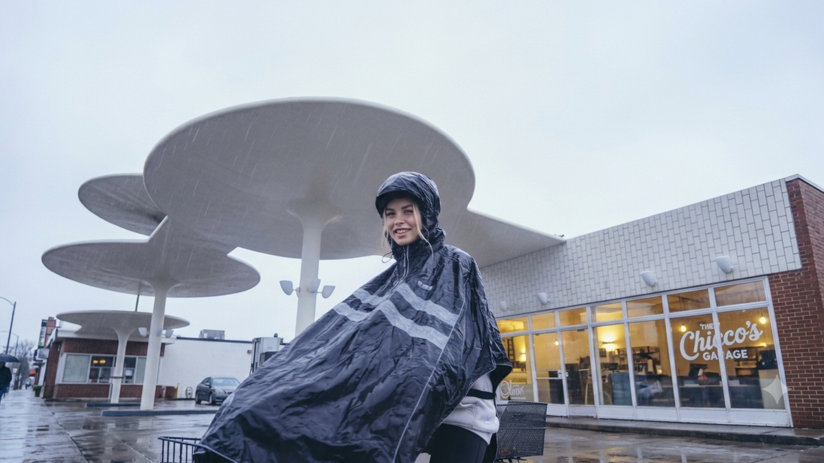 Cyclist wearing a cycling poncho while riding in windy rainy weather