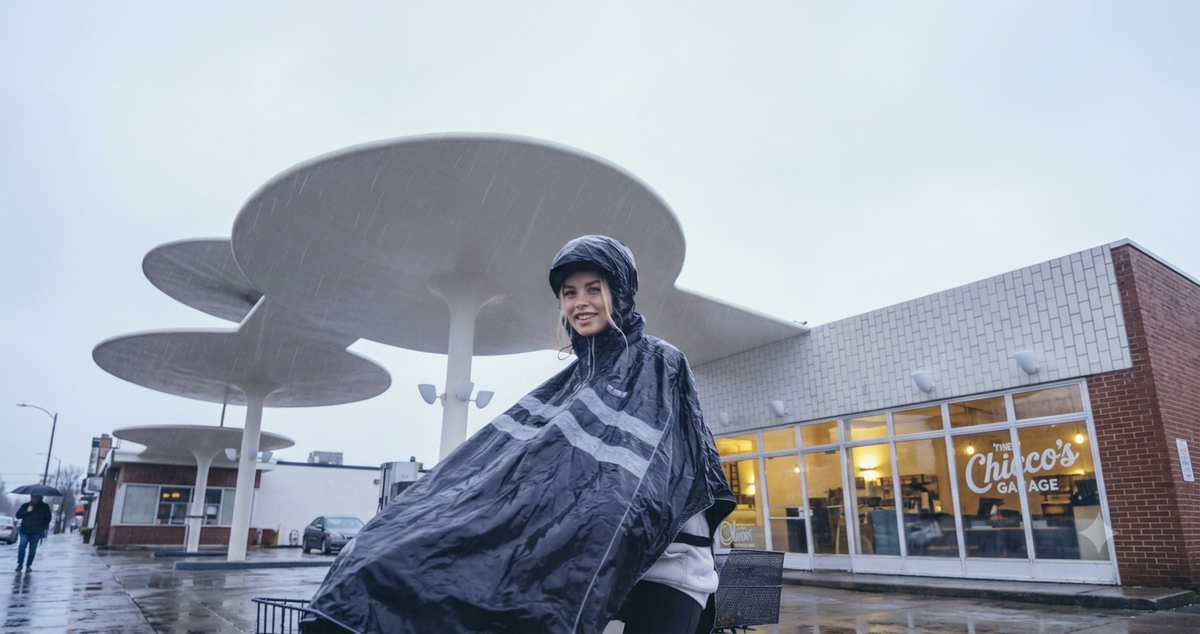 Cyclist wearing a cycling poncho while riding in windy rainy weather