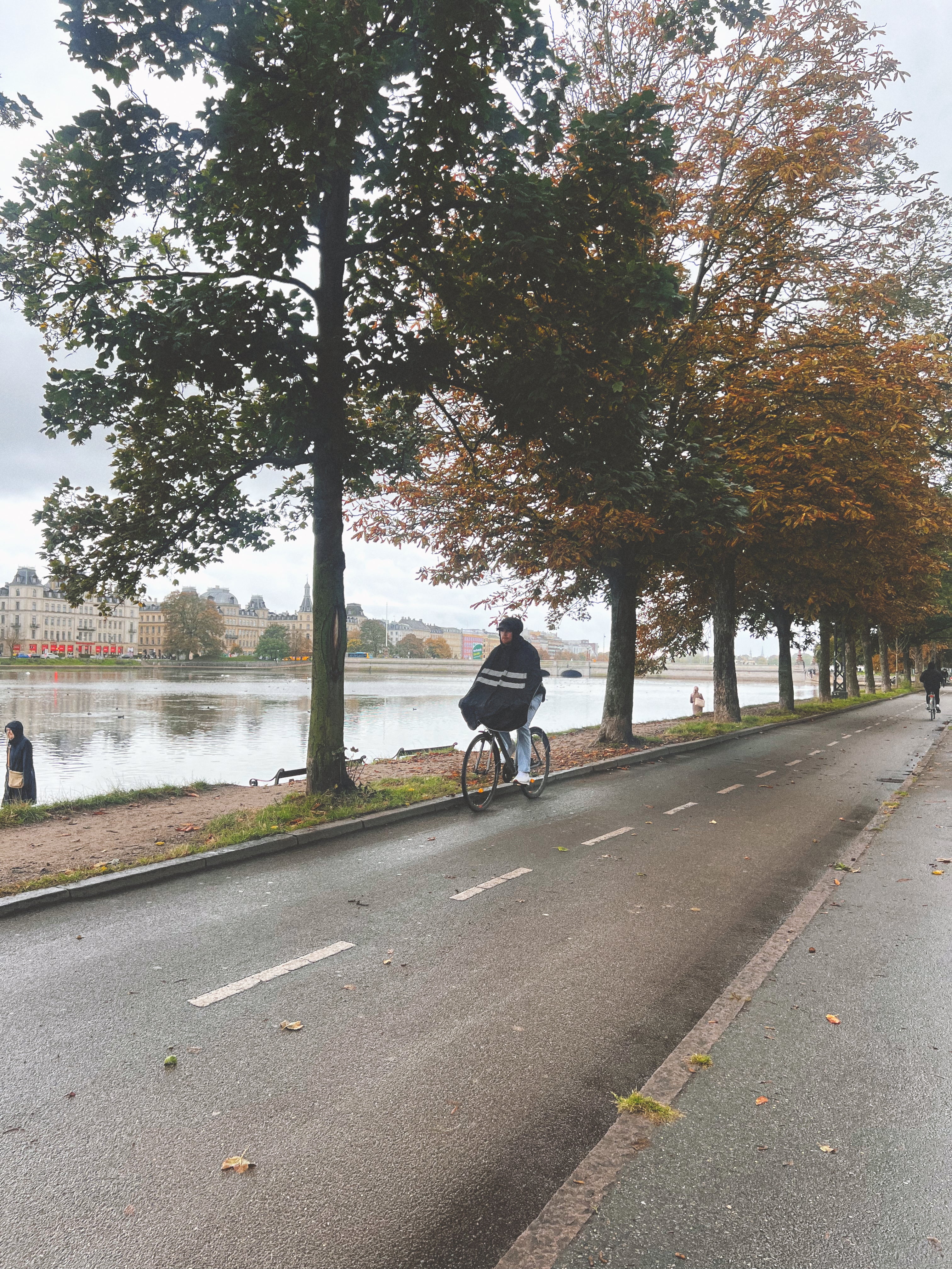 Cyclist commuting to work in the rain wearing waterproof cycling rainwear